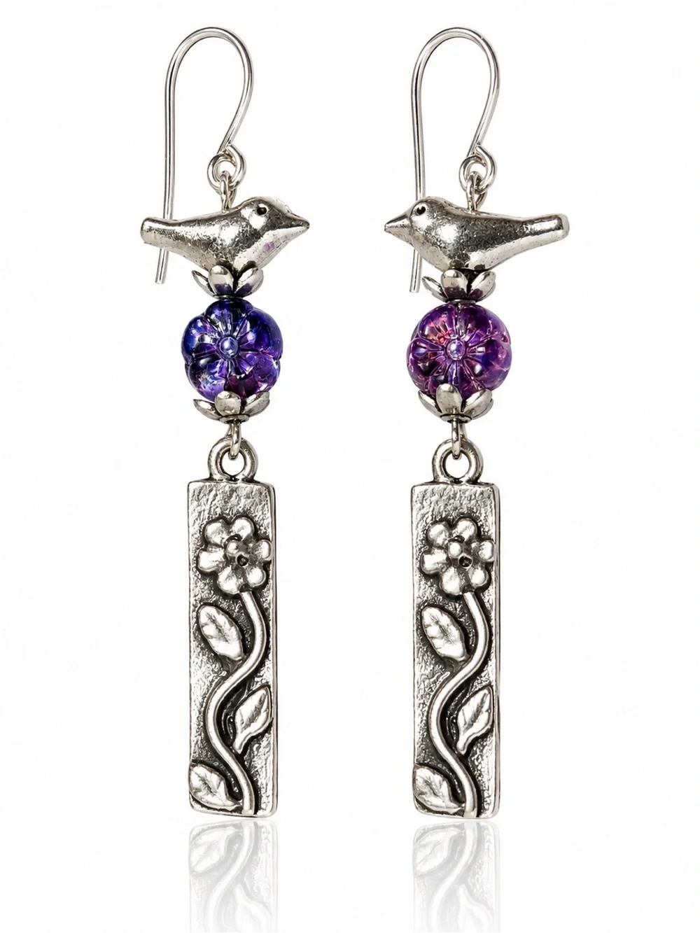 Silver Bird & Purple Czech Glass Flower Dangle Earrings, Artisan Handmade